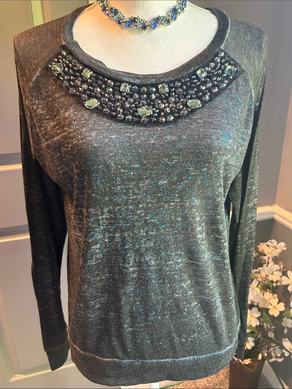 Embellished Metallic Black Long-Sleeve Sweater